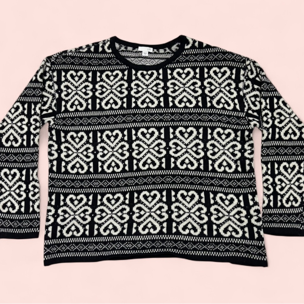 J. Jill Womens Black White Heart Fair Isle Sweater Wool Blend size Medium Cozy
